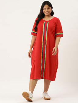 theRebelinme - Plus Size Women Red Solid Knitted Dress with Tape