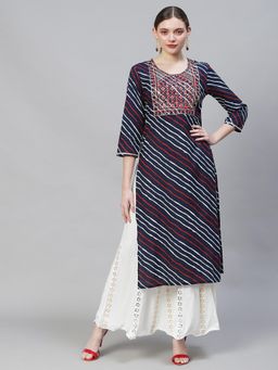 FASHOR - Leheriya Stripes & Embroidered Straight Fit Kurta Navy Blue
