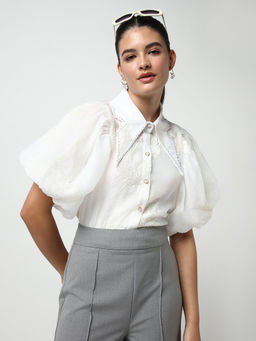 SHOWOFFFF - Classic Women's White Embroidered Shirt with Inner (Set of 2)