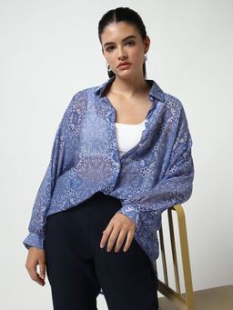 SHOWOFF - Classic Women's Blue Printed Oversized Shirt