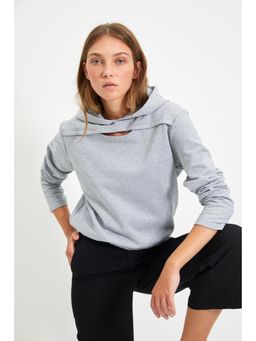 Trendyol - Womens Grey Solid/plain Hooded Sweatshirt