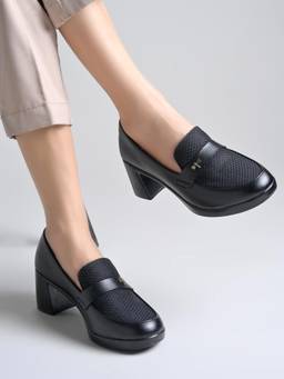 Shoetopia - Women Black Block Heel Loafers Comfortable Slip-On Shoes for Office