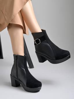 Shoetopia - Women Black Block Heel Boots Stylish Comfortable Causal Boots for Winter