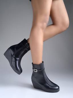 Shoetopia - Women Black Wedge Heel Boots Stylish Comfortable Causal Boots for Winter