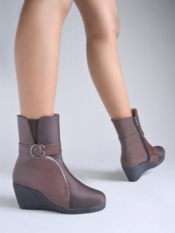 Shoetopia - Women Brown Wedge Heel Boots Stylish Comfortable Causal Boots for Winter