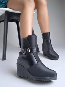 Shoetopia - Women Black Wedge Heel Boots Stylish Comfortable Causal Boots for Winter