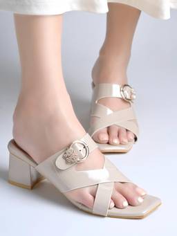 Shoetopia - Women Beige Block Sandals Heels Stylish Comfortable