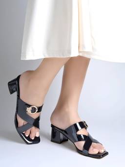 Shoetopia - Women Black Block Sandals Heels Stylish Comfortable