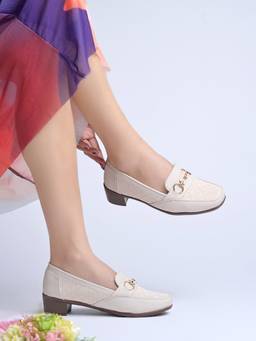 Shoetopia - Women Cream Block Heels Loafers Stylish Comfortable