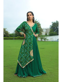 Zari Jaipur - Green Georgette Bandhej Print and Embroidery Ethnic Dress