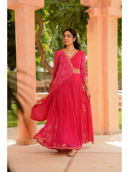 Zari Jaipur - Pink Georgette Bandhej Print and Embroidery Ethnic Dress