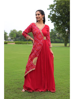 Zari Jaipur - Red Georgette Bandhej Print and Embroidery Ethnic Dress