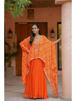 Zari Jaipur - Orange Georgette Bandhej Print and Embroidery Ethnic Dress
