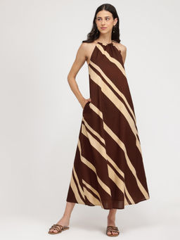 Pink Fort - Brown Cotton Striped Halter Neck Dress
