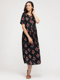 Pink Fort - Black Cotton Ikat Flit and Flare Dress