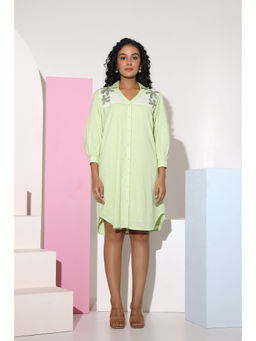 Zolo Label - Pastel Green Sequined Work Knee Length Shirt Dress
