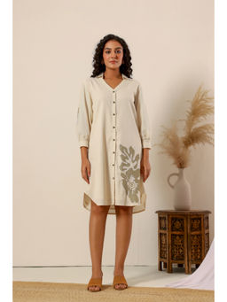 Zolo Label - Beige Flower Embroidery Cotton Knee Length Shirt Dress