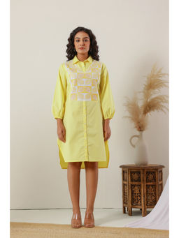 Zolo Label - Sunshine Yellow Cotton Embroidered Knee Length Shirt Dress