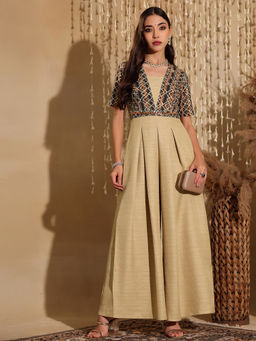 Miss Chase - Womens Multicolored-Base-Beige Square Neck Regular-Length Fusion Jumpsuit