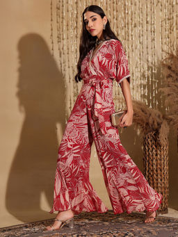 Miss Chase - Womens Multicolored-Base-Maroon V-Neck Regular-Length Fusion Jumpsuit