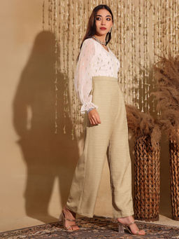 Miss Chase - Womens Off White and Beige V-Neck Regular-Length Polyester Fusion Jumpsuit