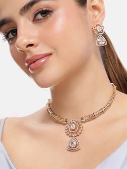 Estele - White Cz Stone Necklace Set with Gold Finish