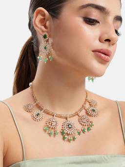 Estele - Green Stone Cz Necklace Set with Gold Finish