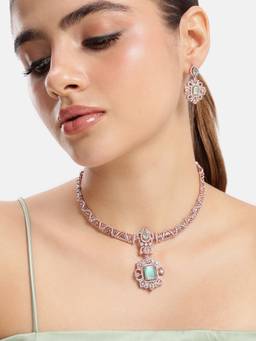 Estele - Mint Green Cz Necklace Set with Rose Gold Finish