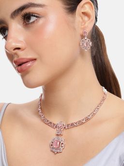 Estele - Mint Pink Cz Necklace Set with Rosegold Finish for Women