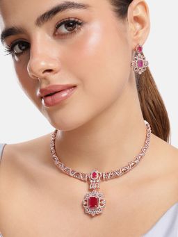 Estele - Ruby Cz Stone Necklace Set with Rose Gold Finish