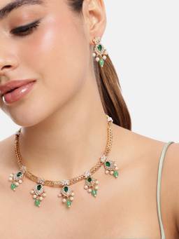 Estele - Green Stone Cz Necklace Set with Gold Finish