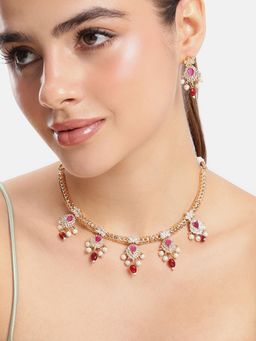 Estele - Gold Finish Ruby Cz Necklace Earrings Set