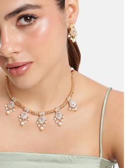 Estele - Gold Finish White Cz Designer Necklace Set for Women