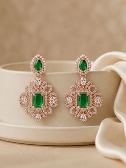 Estele - Green Cz Dangler Earrings with Rosegold Finish for Women