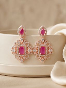 Estele - Ruby Cz Dangler Earrings with Rosegold Finish for Women