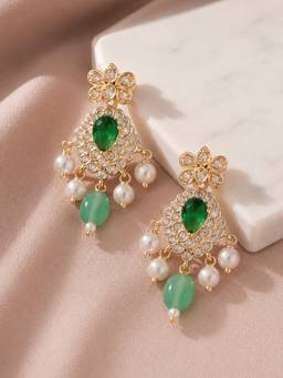 Estele - Green Cz Dangler Earrings with Gold Finish