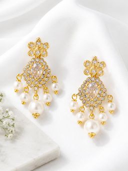 Estele - White Cz Pearl Bead Dangler Earrings with Gold Finish