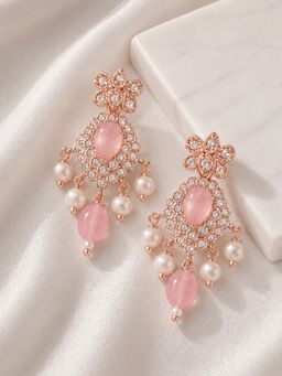 Estele - Mint Pink Cz Stone Pearl Dangler Earrings with Rosegold Finish