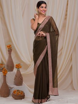 Koskii - Mehendi Zardosi Semi Crepe Saree with Unstitched Blouse