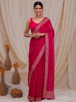 Koskii - Rani Pink Zardosi Semi Crepe Saree with Unstitched Blouse
