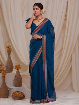 Koskii - Navy Blue Threadwork Georgette Saree with Unstitched Blouse