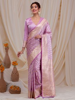 Koskii - Purple Zari Work Art Silk Saree with Unstitched Blouse