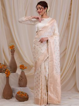 Koskii - Cream Zari Work Art Silk Saree with Unstitched Blouse