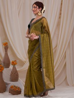 Koskii - Mehendi Swarovski Tissue Saree with Unstitched Blouse