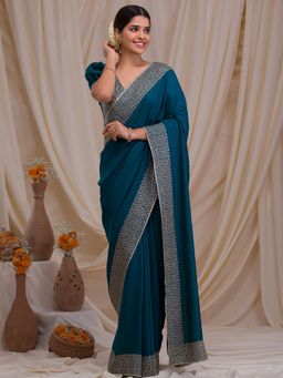 Koskii - Peacock Blue Stonework Art Silk Saree with Unstitched Blouse