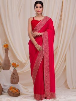 Koskii - Rani Pink Zari Work Art Silk Saree with Unstitched Blouse