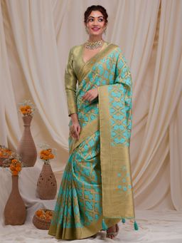 Koskii - Sea Turquoise Zari Work Art Silk Saree with Unstitched Blouse