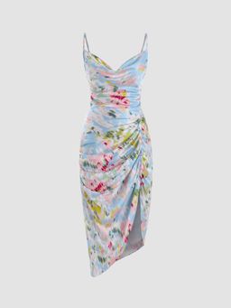 Cider - Illusion Floral Ruched Cowl Neck Midi Dress