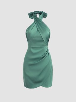 Cider - Teal Solid Cross Halter Satin Dress