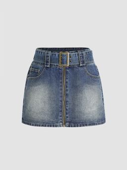 Cider - Denim Zip Up Belted Mini Skirt (Set of 2)